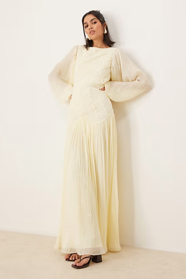 Long Sleeve Shirred Crinkle Maxi Dress With Dropped Waist from ASOS Design