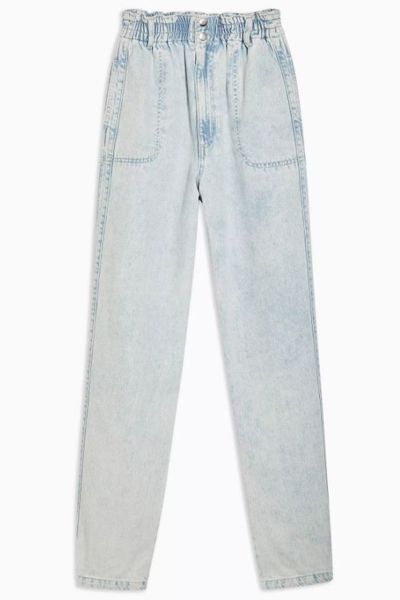 Bleach Wash Elastic Waist Baggy Jeans