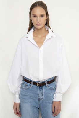 White Lantern Sleeve Button Down Shirt