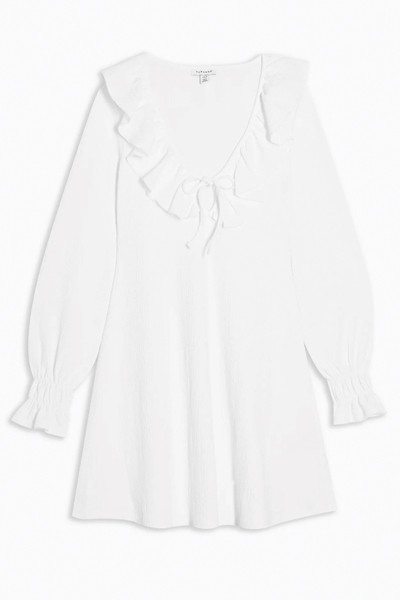 White Crinkle Ruffle Mini Dress