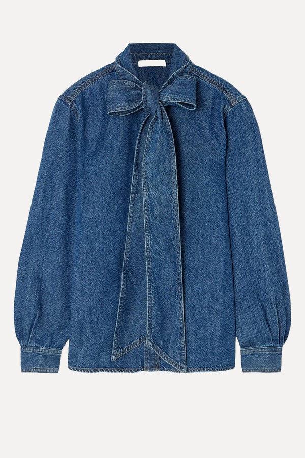 The Secretary Pussy-Bow Denim Shirt from FRAME