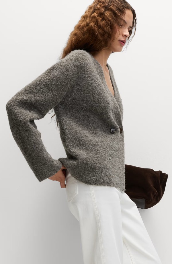 Bouclé V-Neck Button Front Cardigan With Wool