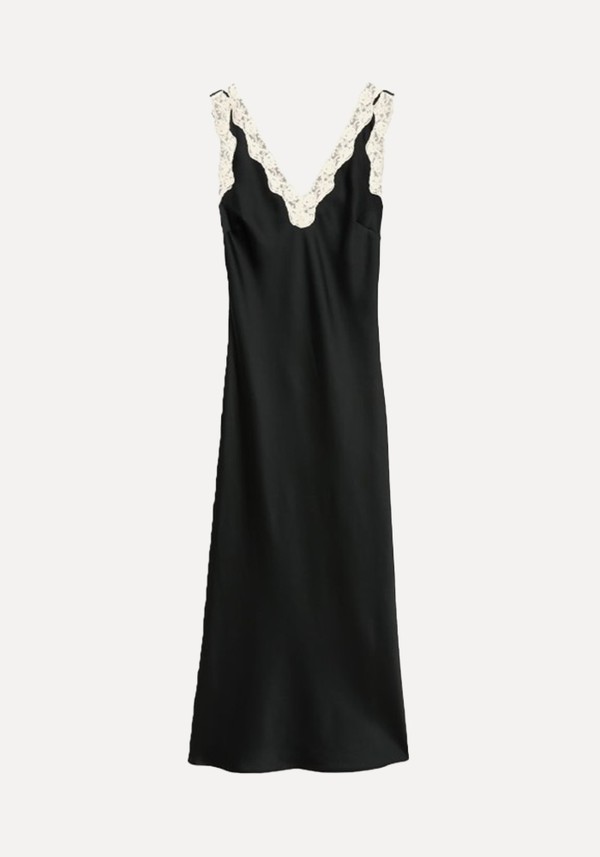 Satin V-Neck Lace Insert Midi Slip Dress