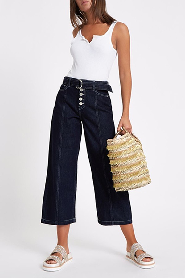 Dark Blue Belted Denim Culottes