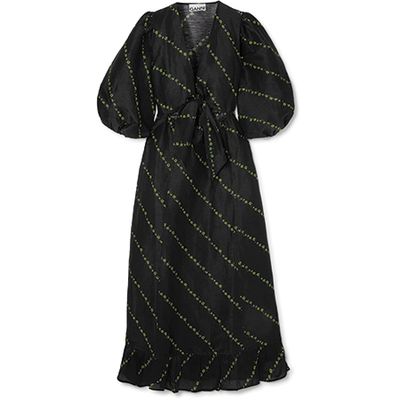 Floral Silk-Linen Tie-Front Midi Dress from Ganni