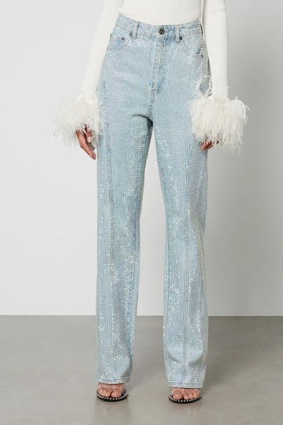 Rhinestone-Embellished Denim Straight-Leg Jeans from Self-Portrait