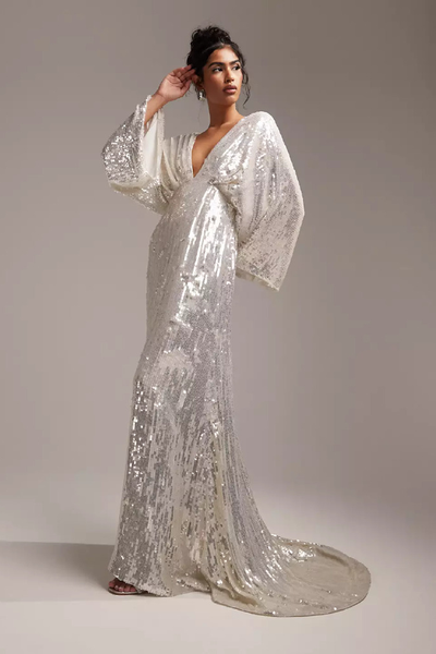 Harriet Sequin Plunge Kimono Sleeve Wedding Dress from ASOS Design