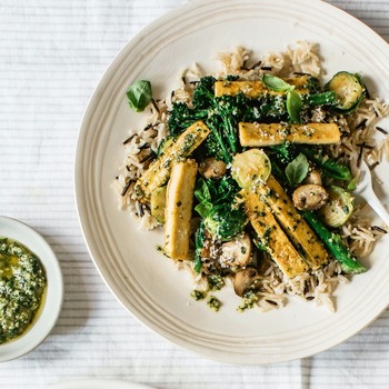 Sautéed Brussels Sprouts and Broccolini with Pesto and Wild Rice