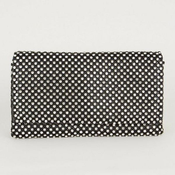 Black Diamanté Foldover Clutch Bag from New Look