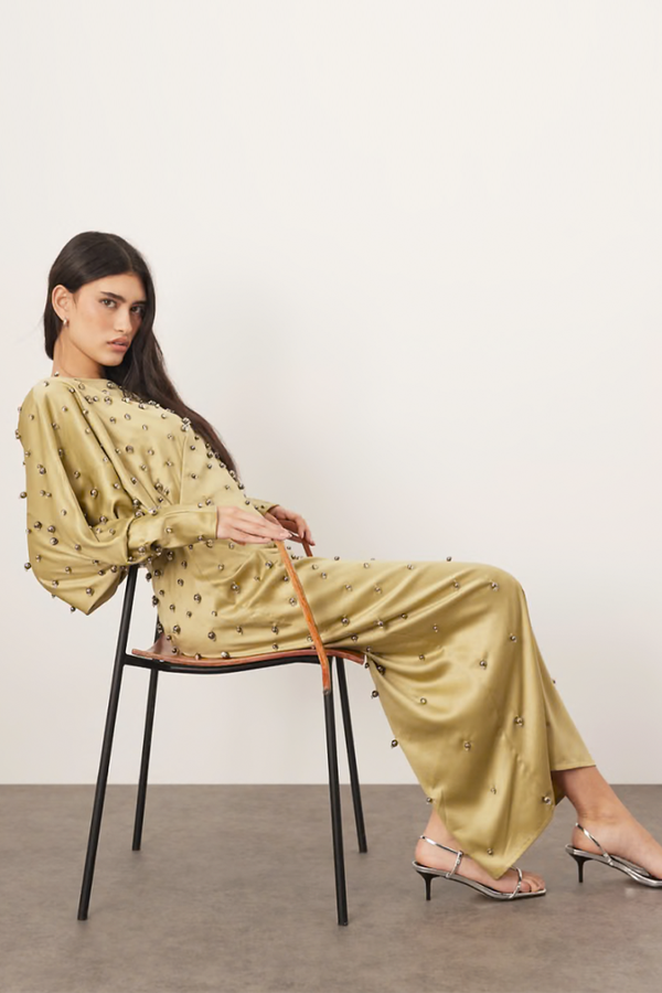 Embellished Ball Bearing Strong Shoulder Open Back Maxi Dress