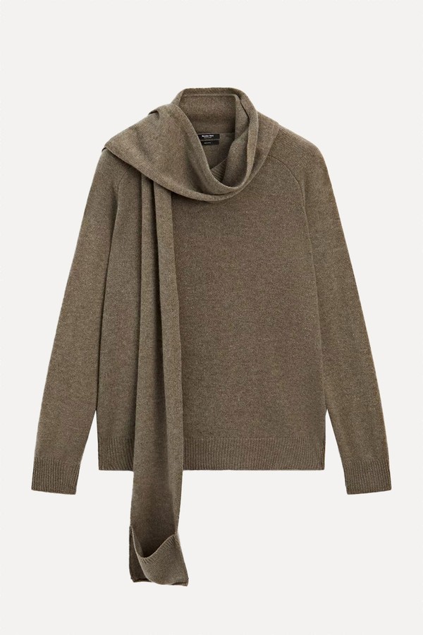 100% Wool Knit Sweater With Scarf & Pocket