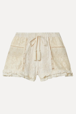 Peyonne Ruffled Embroidered Cotton-Blend Voile, Tulle & Crochet Shorts from LoveShackFancy