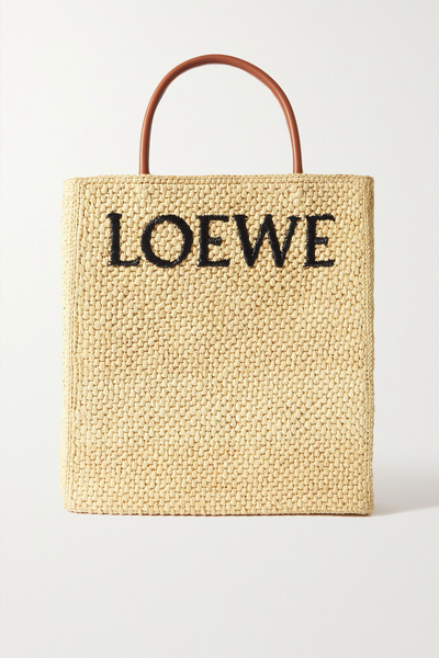 Leather-Trimmed Embroidered Raffia Tote from Loewe