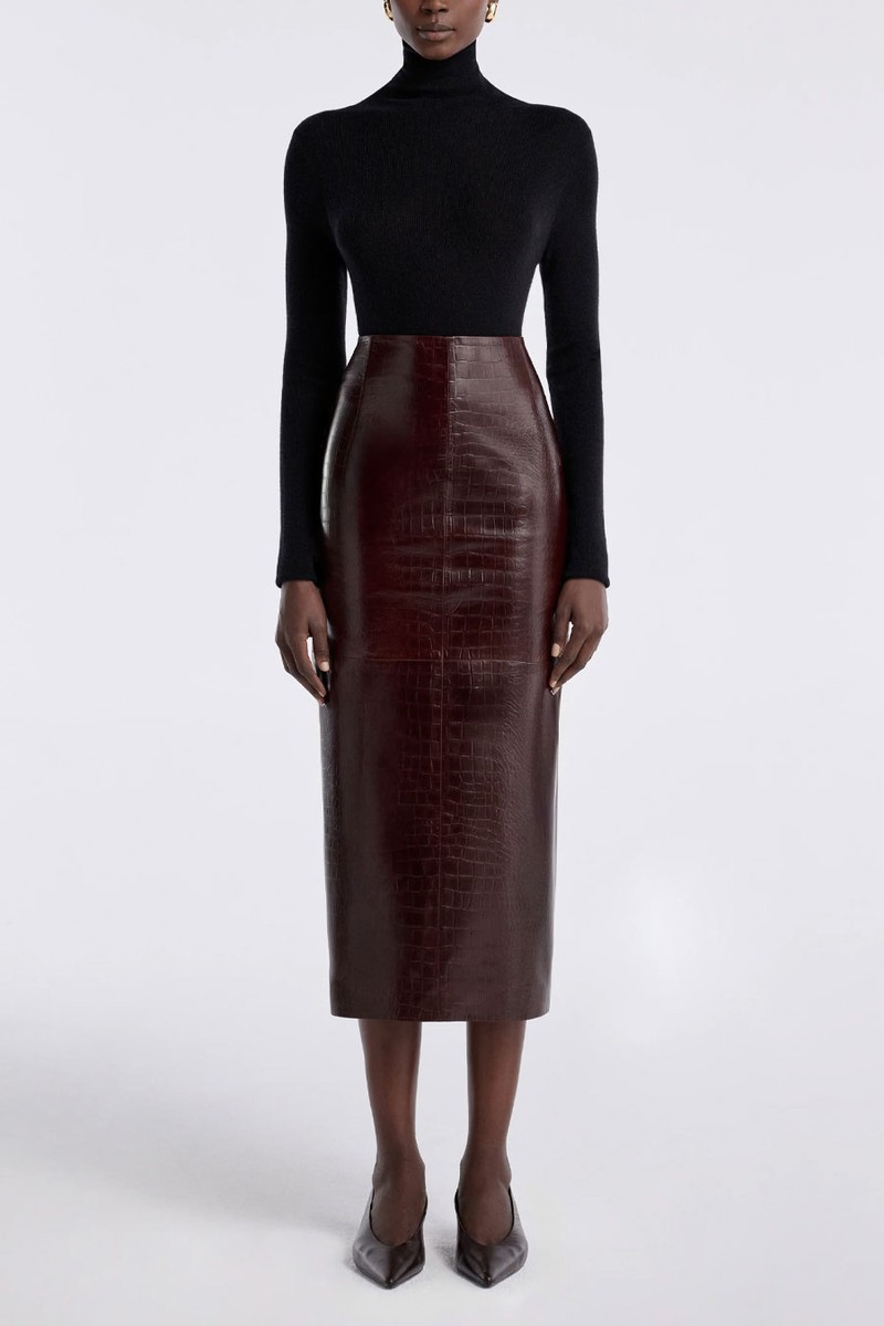 Elyse Croco Embossed Leather Skirt