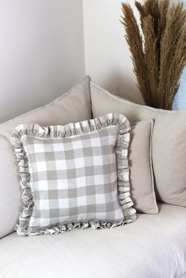 Gingham Check French Linen Frill Ruffle Cushion from SunandDayshop