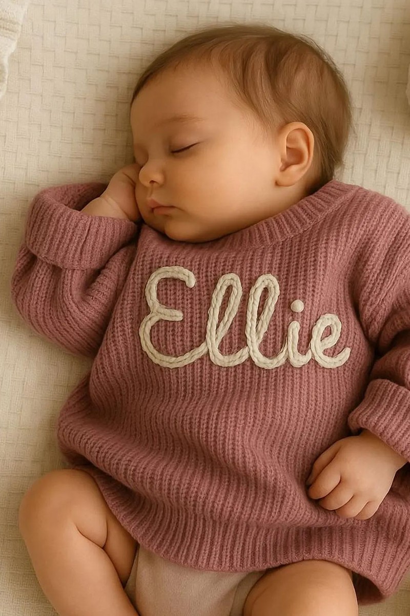 Hand-Embroidered Custom Name Baby Sweater from CoconutHuskHome