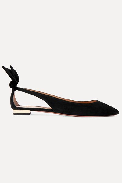 Deneuve Bow-Embellished Suede Point-Toe Flats from Aquazzura