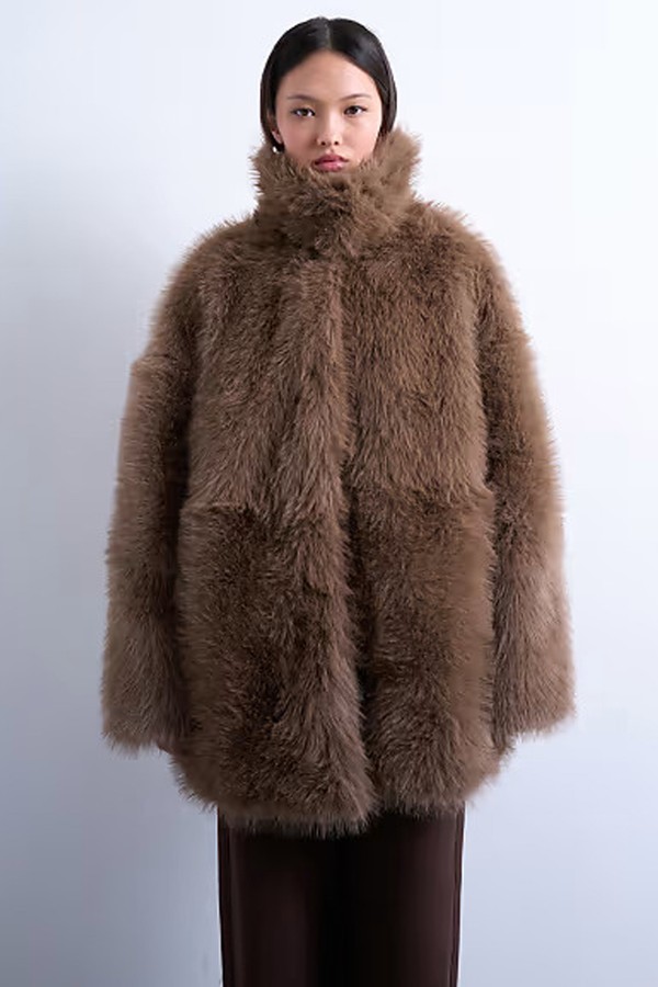 Faux Fur Funnel Neck Mid Length Coat