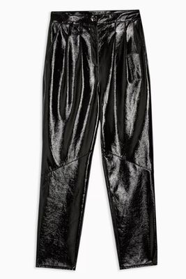 Black Cracked Faux Leather Vinyl Peg Trousers