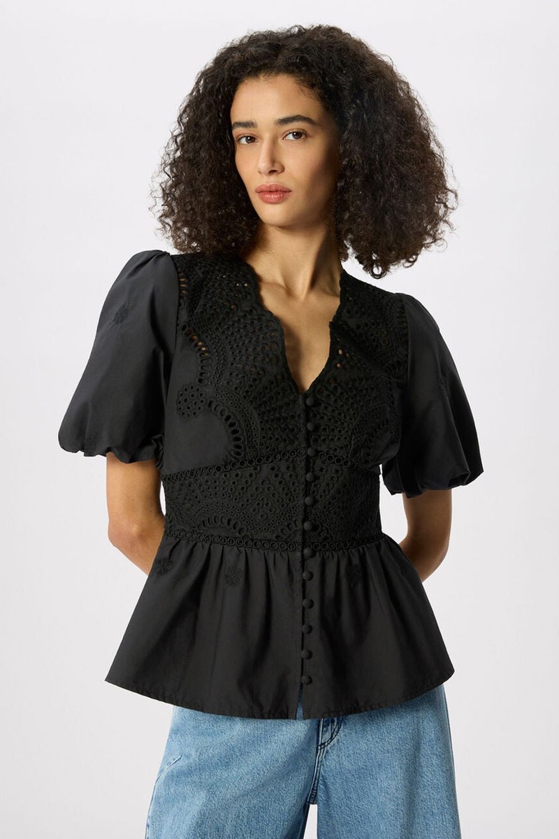 Cotton Broderie V Neck Blouse