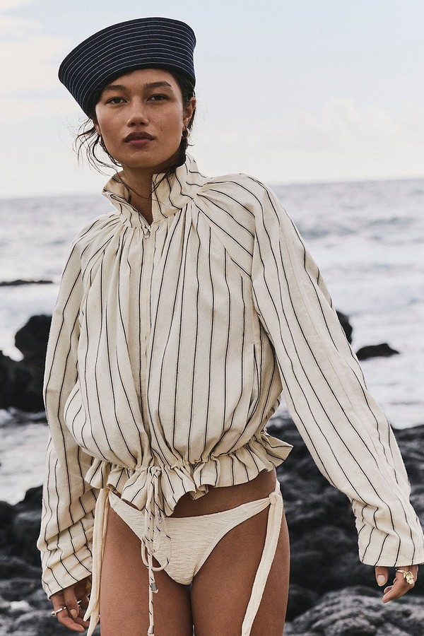 Devon Striped Balloon Funnel-Neck Jacket from Free People