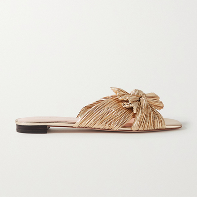 Daphne Bow-Embellished Plissé-Lamé Slides  from Loeffler Randall