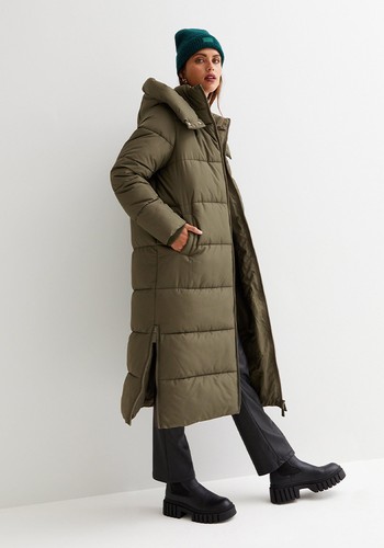 Khaki Hooded Long Puffer Jacket