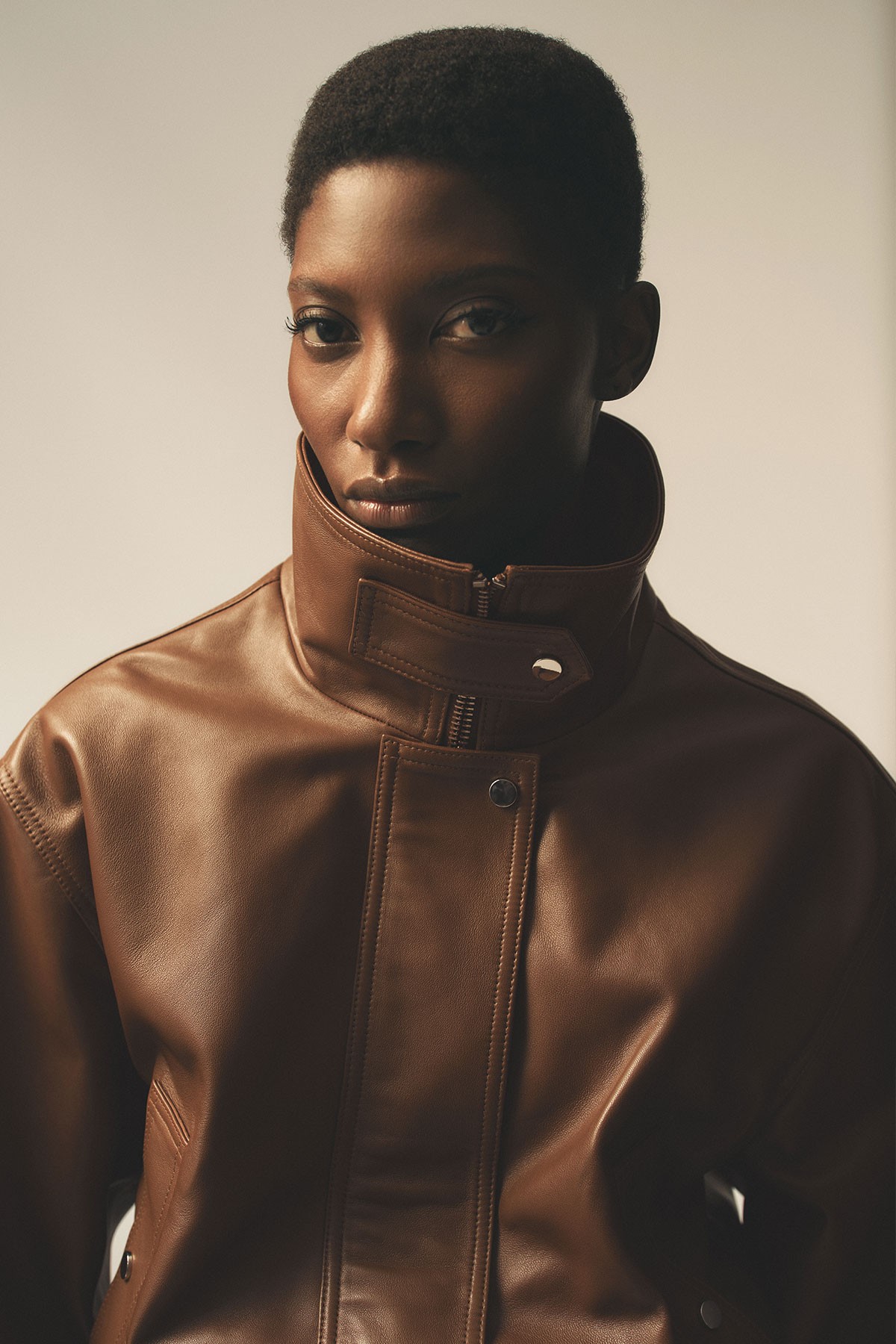 Cara Leather Funnel-Neck Bomber Jacket 