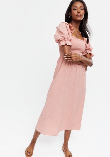 Mid Pink Textured Shirred Frill Puff Sleeve Midi Dress