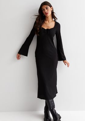 Black Ribbed Ruched Tie Front Long Sleeve Midi Dress
