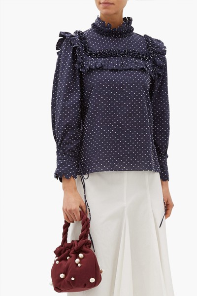 Hilaria Ruffled Polka Dot Fil-Coupé Blouse from Horror Vacui