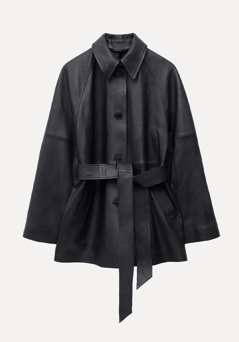 Tie-Belt Leather Coat