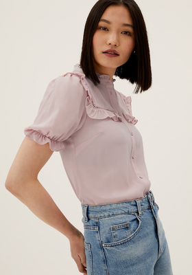 Frill Neck Puff Sleeve Blouse