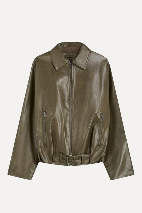 Faux Leather Bomber Jacket With Belt from Bershka