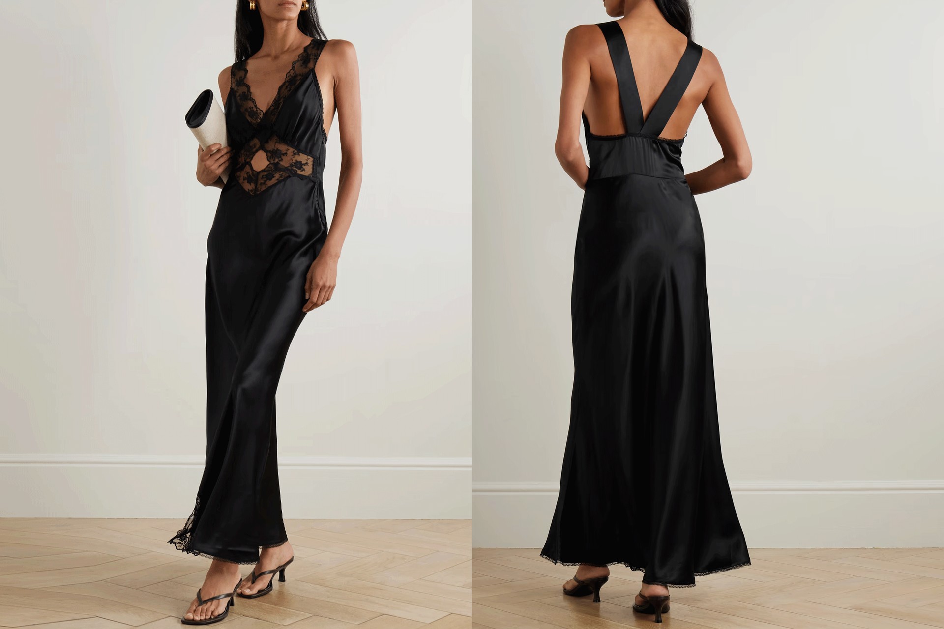 Aries Cutout Lace-Trimmed Silk-Satin Maxi Dress from SIR