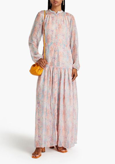 Gathered Printed Chiffon Maxi Shirt Dress from Eywsouls Malibu