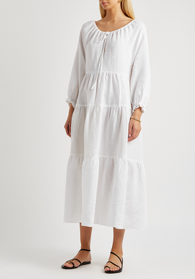 Josefina White Tiered Linen Midi Dress from Casa Raki