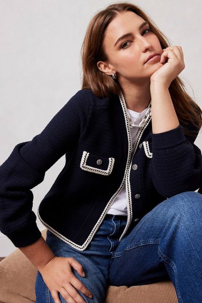 Navy Cotton Blend Knit Jacket, £119 | Mint Velvet