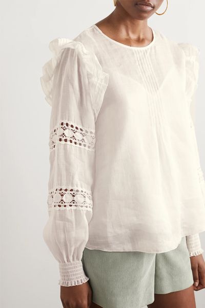 Ruffled Crochet-Paneled Ramie Blouse from See By Chloe