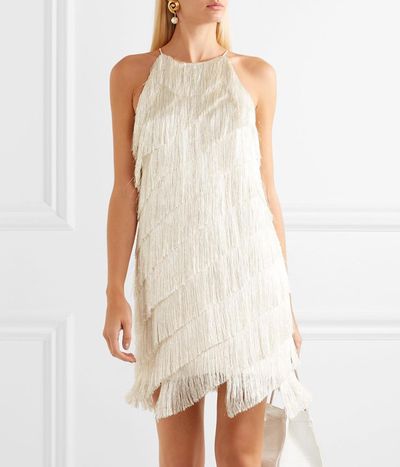 Tiered Fringed Satin-Crepe Mini Dress from Halston Heritage