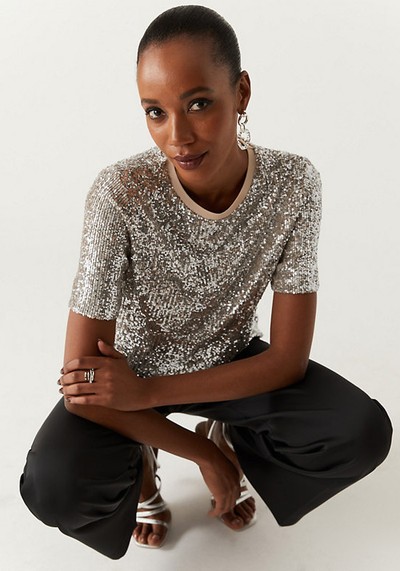 Sequin Round Neck Regular Fit Top