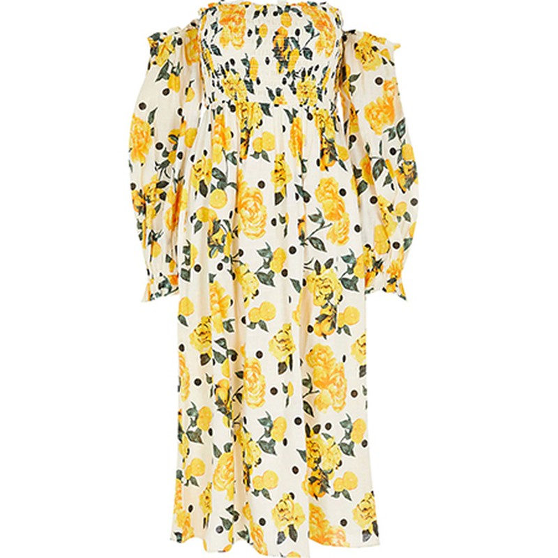 Floral Shirred Bardot Midi Dress from River Island