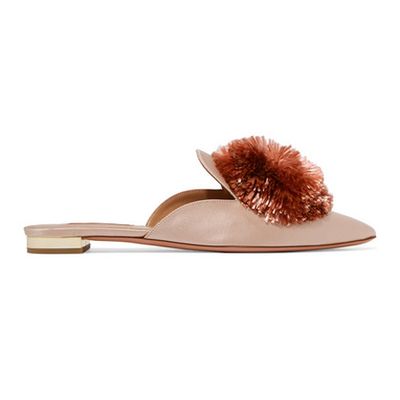 Aquazzura Powder Puff Pompom- Embellished Satin Slippers from Aquazzura