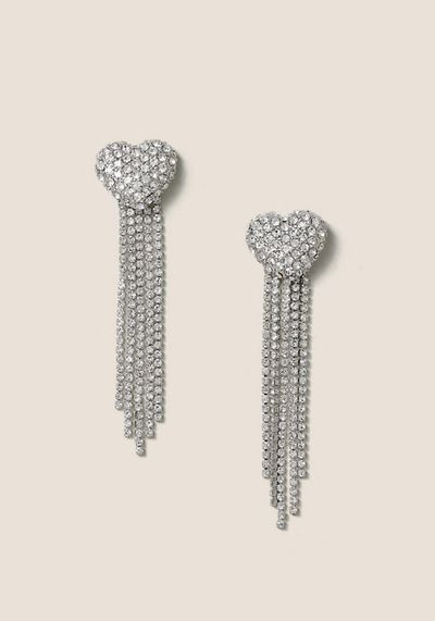 Silver Tone Heart Tassel Drop Earrings