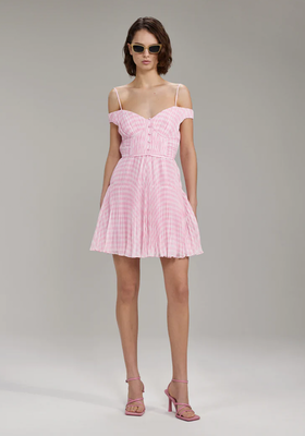 Pink Gingham Print Chiffon Mini Dress
