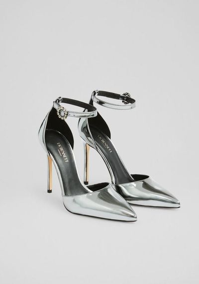 Kiera Gunmetal Mirror Leather Ankle Strap Heels