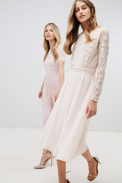 Embroidered Long Sleeve Midi Dress With Plunge Back Detail from Amelia Rose