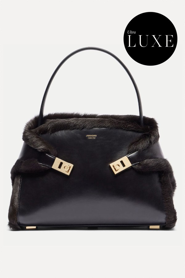 Hug Medium Shearling-Trimmed Leather Shoulder Bag from Ferragamo 
