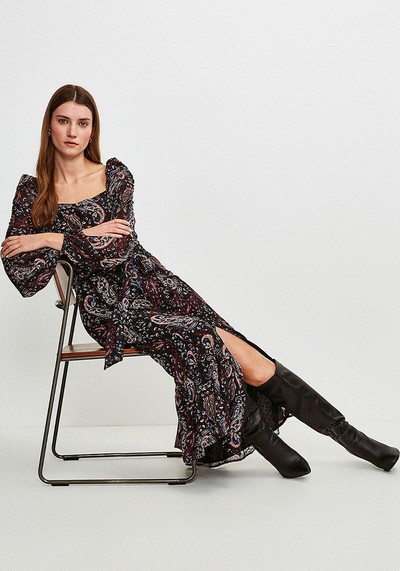 Textured Paisley Print Puff Sleeve Dress