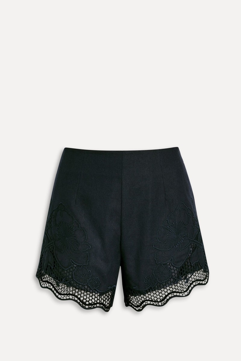 Jade Floral-Embroidered Linen-Blend Shorts from CLEA